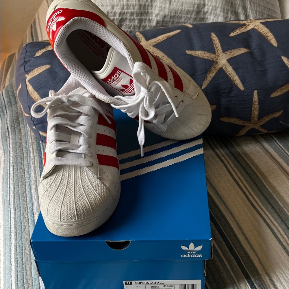 Adidas Superstar White and Red Sneakers